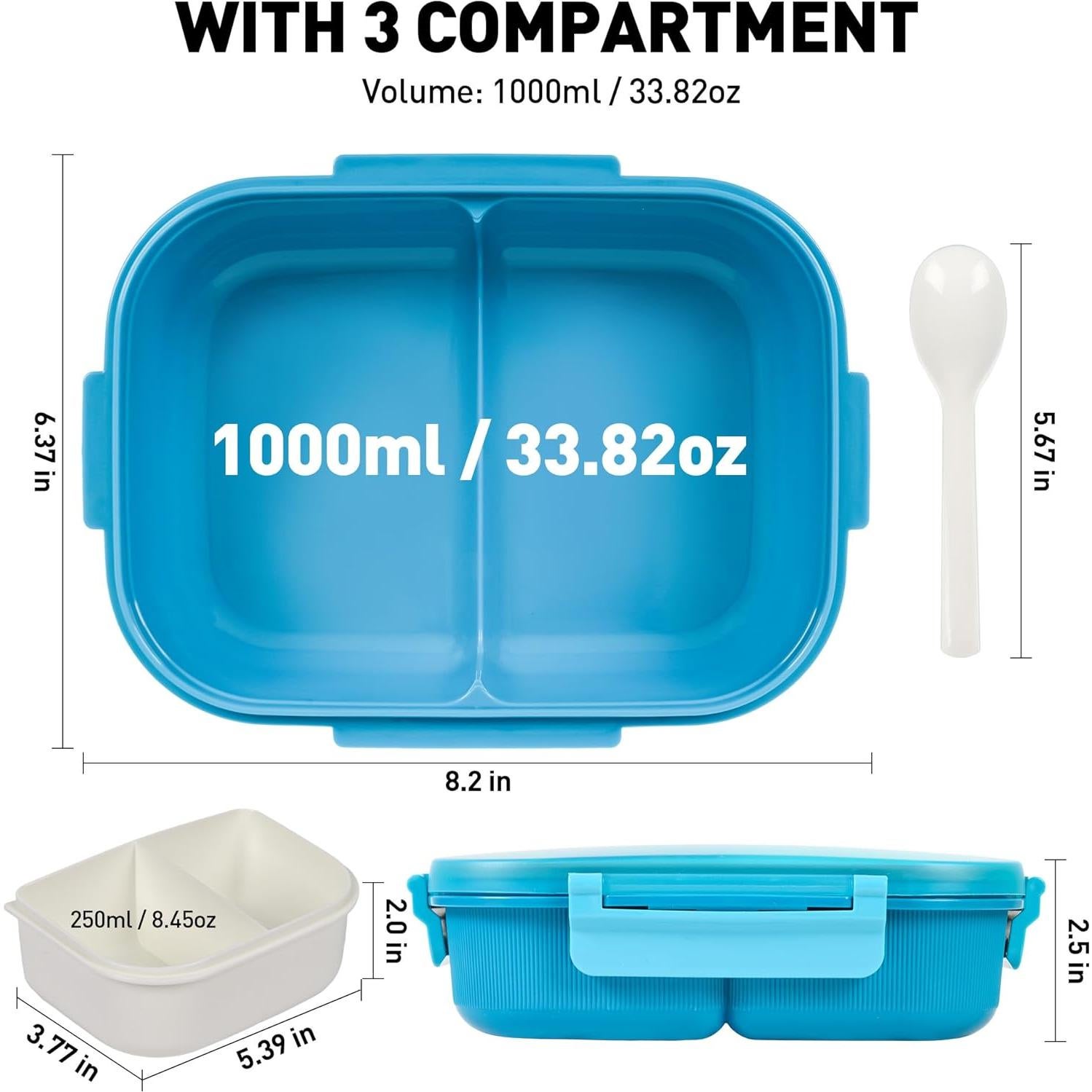 Caja Bento Rectangular Azul 1000ml con Taza y Cuchara - Apta Microondas