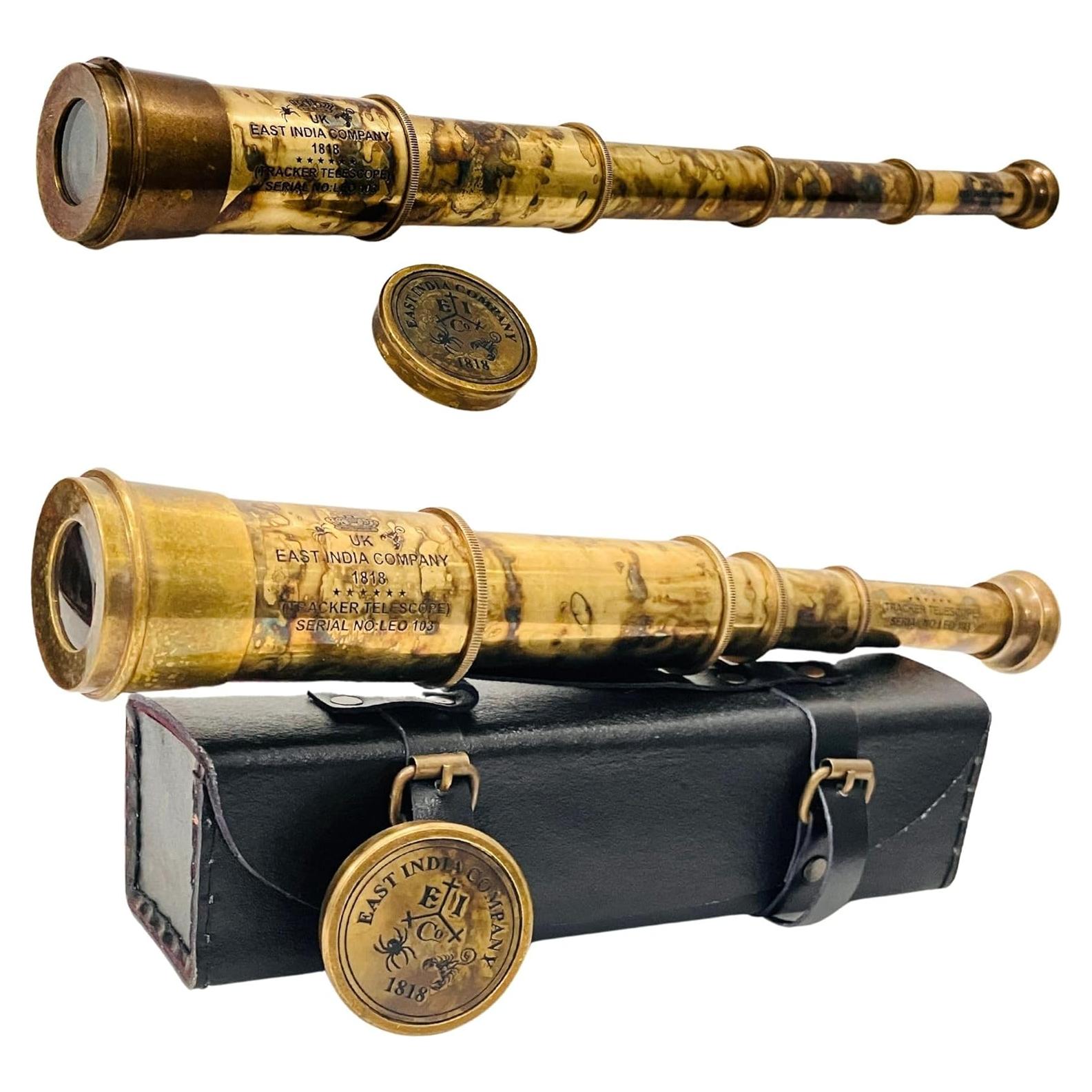 Telescopio de Bronce Vintage Aladean 43.18 cm con Caja de Cuero