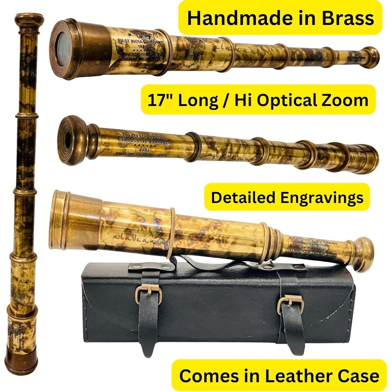 Telescopio de Bronce Vintage Aladean 43.18 cm con Caja de Cuero
