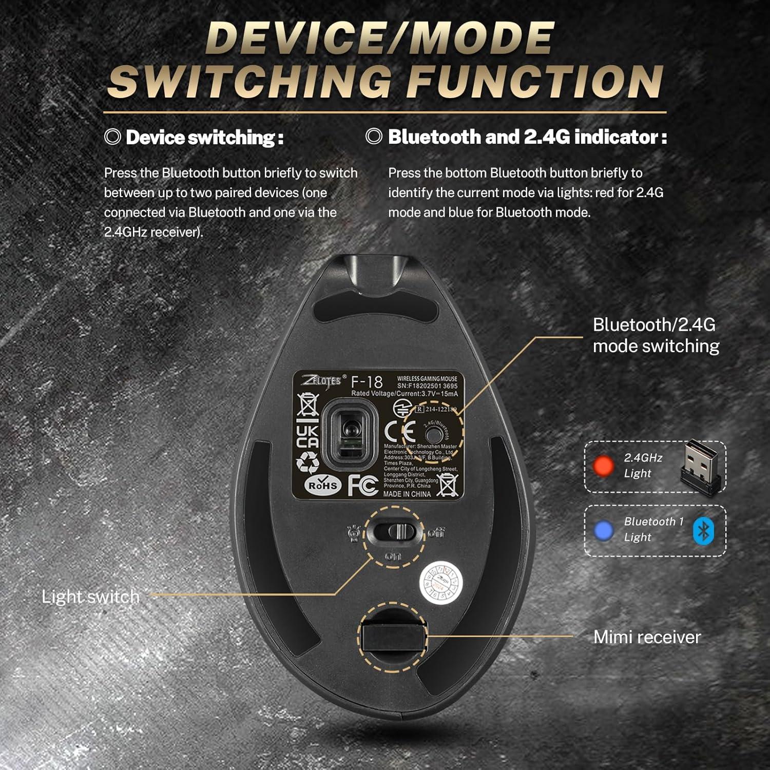 Ratón Gaming Vertical Inalámbrico Attoe F-18 24000 DPI 12 Botones