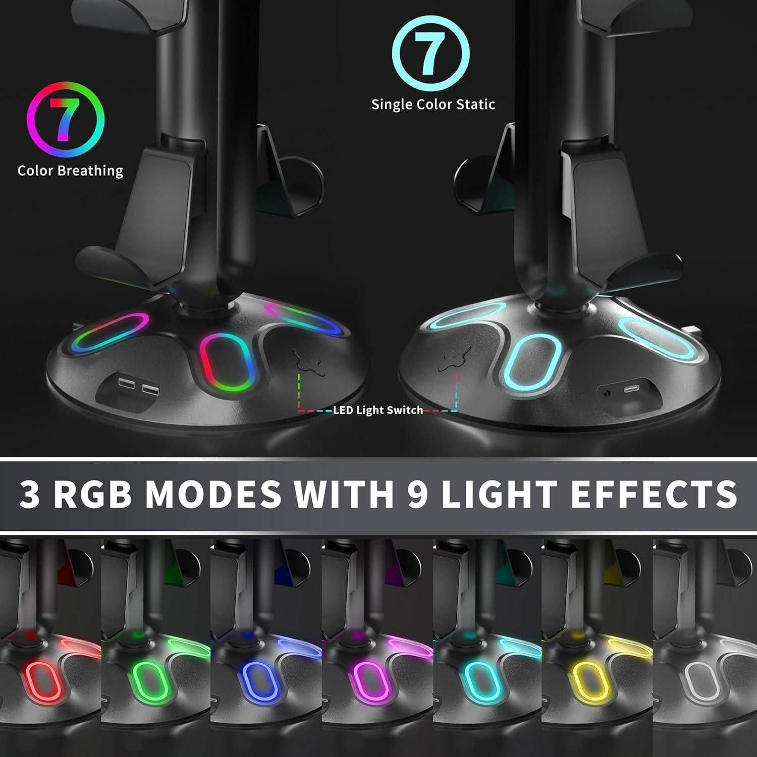 Soporte para Auriculares RGB Canmarin con 9 Modos de Luz y 2 Puertos USB