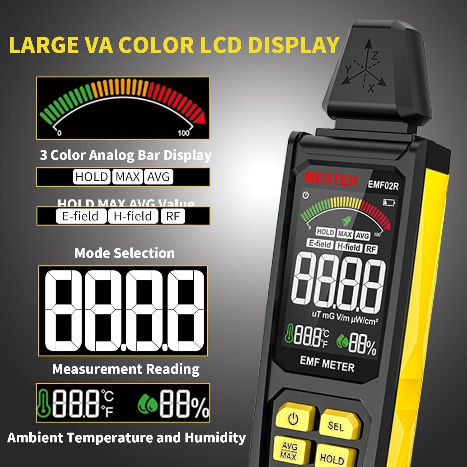 Medidor de Radiación EMF MESTEK 5 en 1 Recargable 20cm