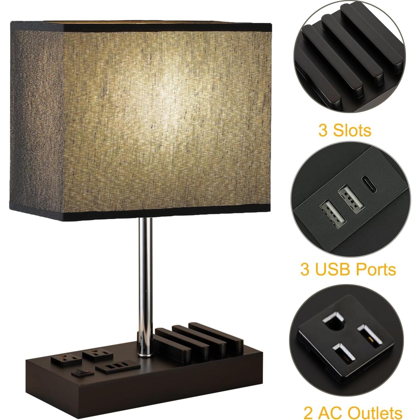 Lámpara de Mesa USB Briever L6009-2AC con 2 Salidas AC y 3 Puertos USB