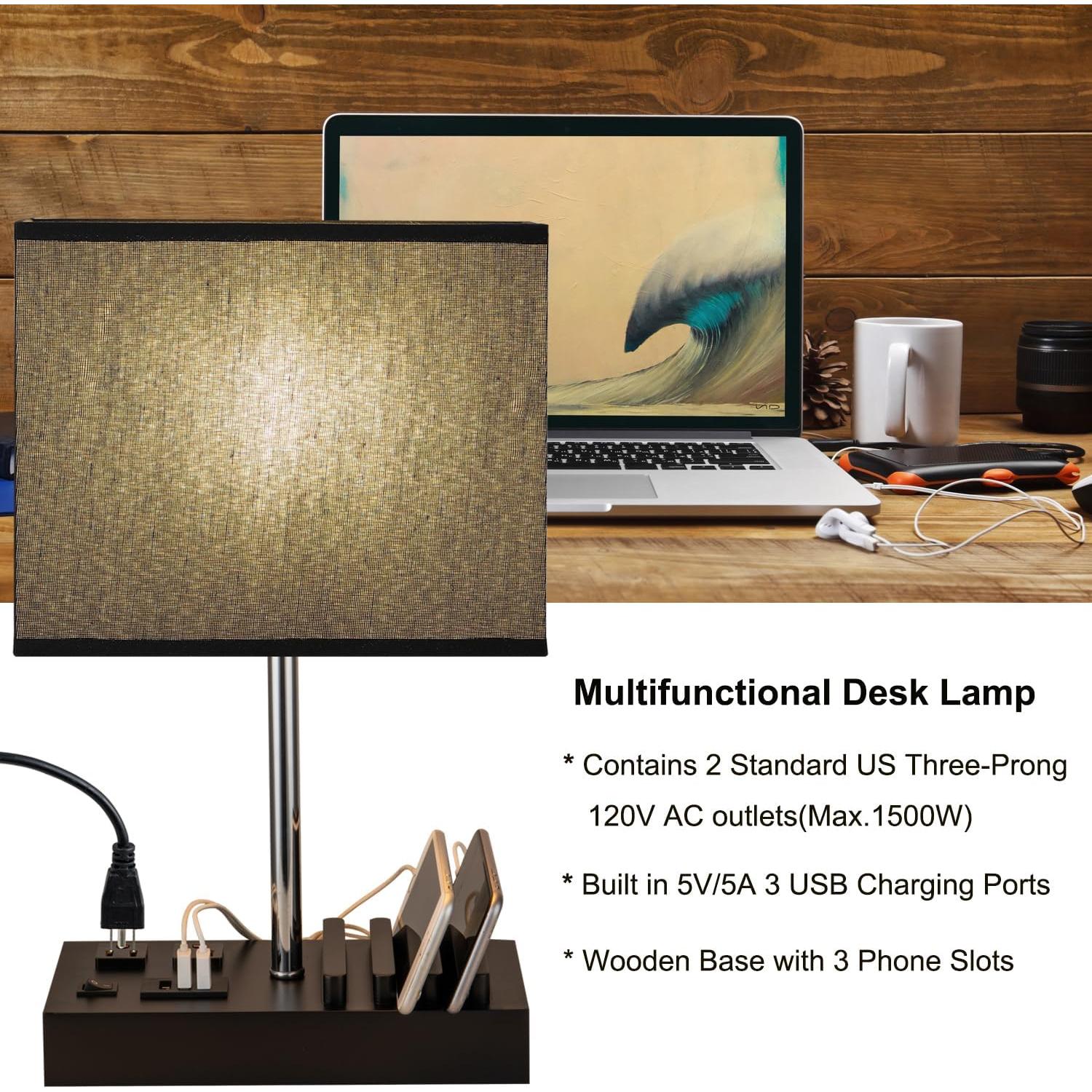 Lámpara de Mesa USB Briever L6009-2AC con 2 Salidas AC y 3 Puertos USB