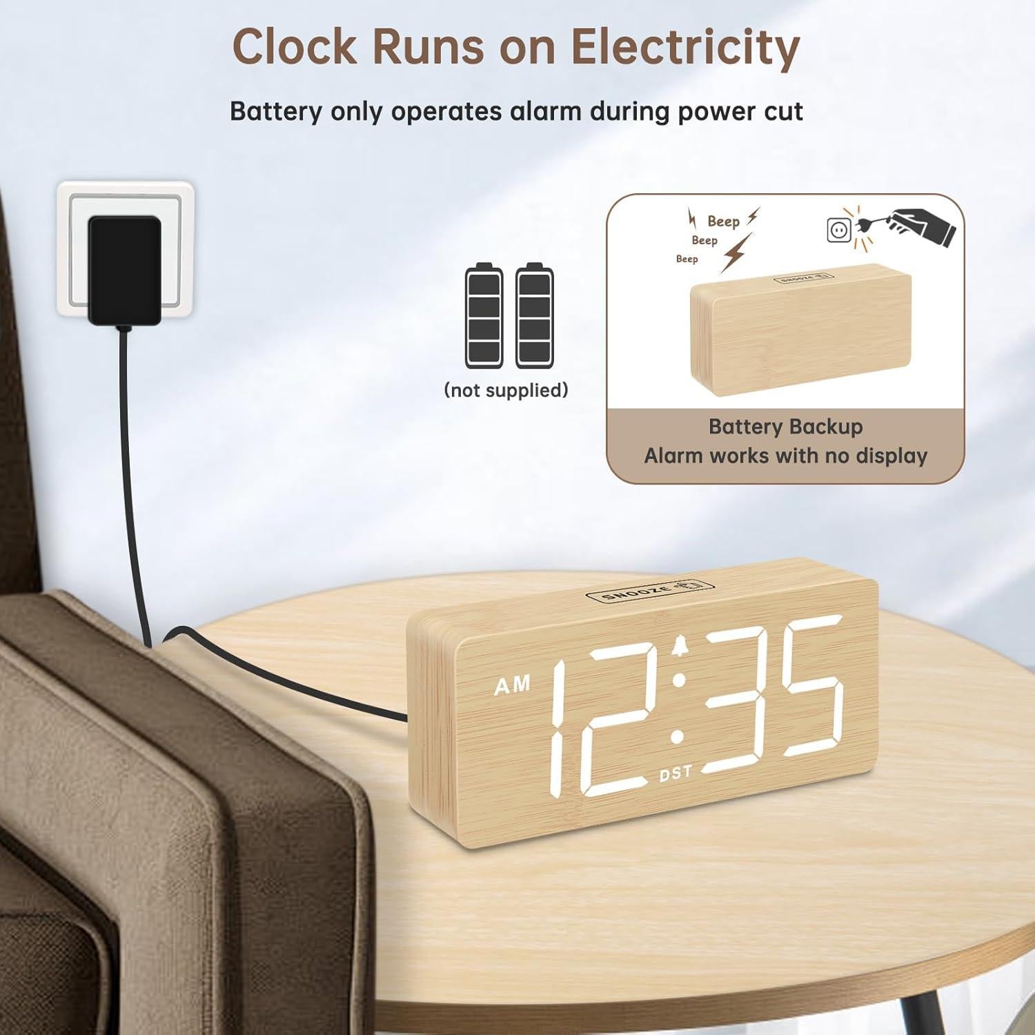Reloj Despertador Digital de Madera DreamSky con Números Grandes