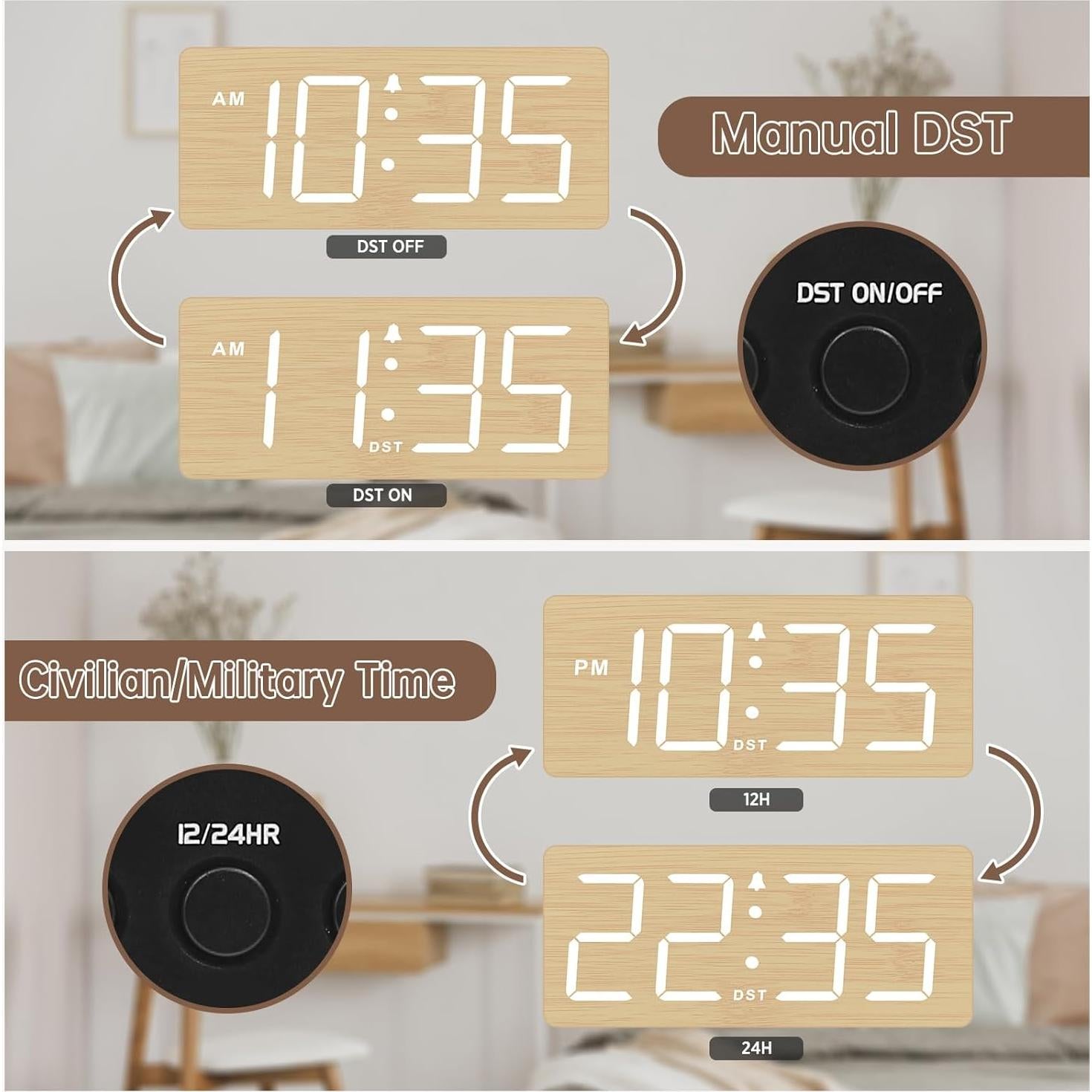 Reloj Despertador Digital de Madera DreamSky con Números Grandes