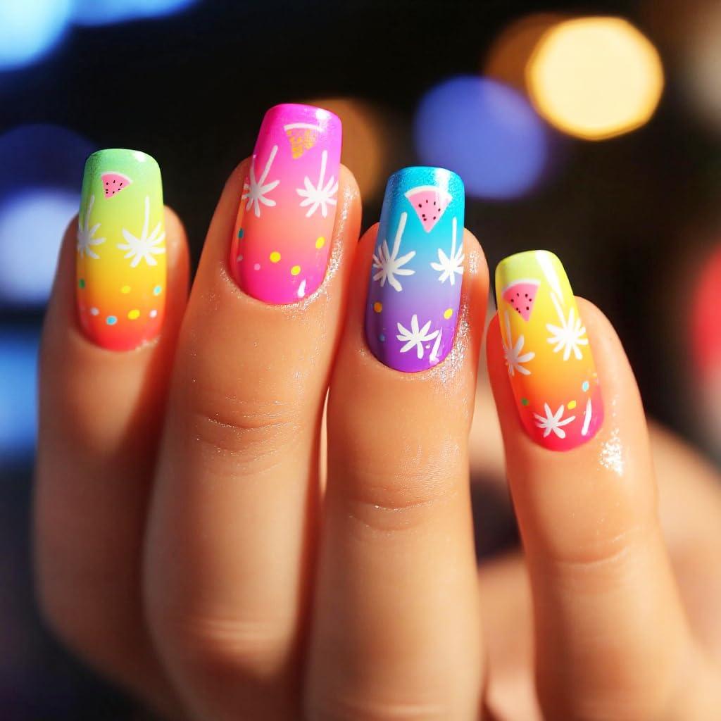 Uñas Postizas Cortas NGMATY Fuegos Artificiales 24PCS