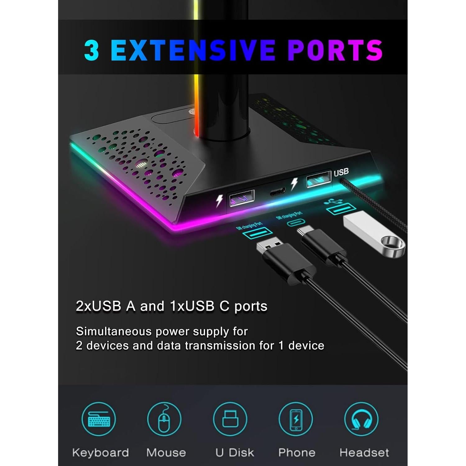 Soporte para Auriculares Gaming RGB VCOM con 3 Puertos USB