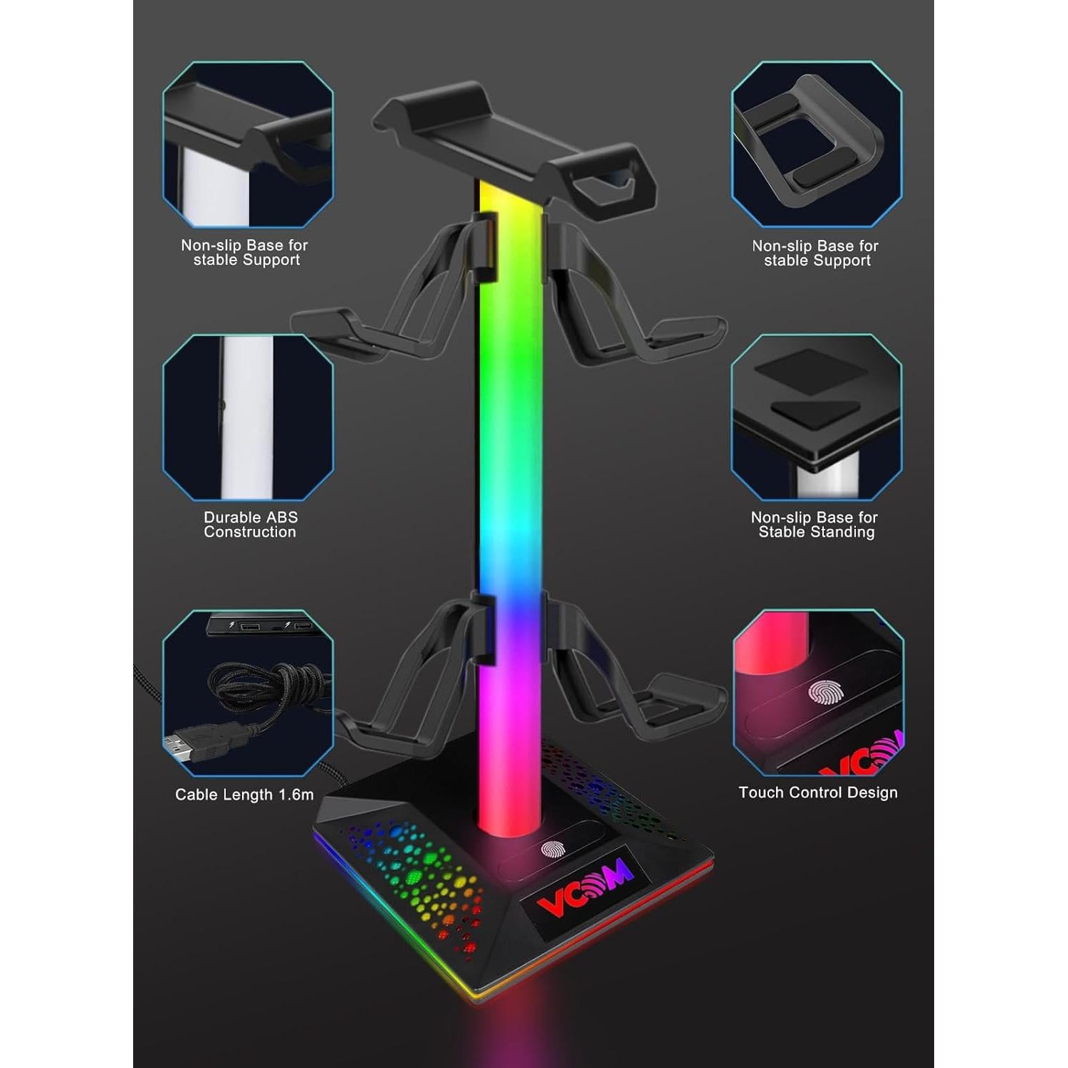 Soporte para Auriculares Gaming RGB VCOM con 3 Puertos USB