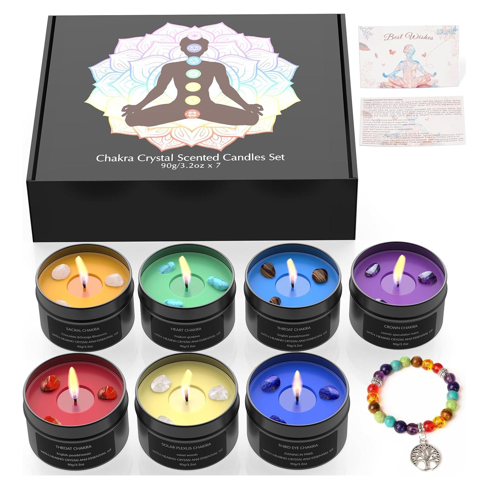 Set de 7 Velas de Chakra WuNa con Cristales y Pulseras