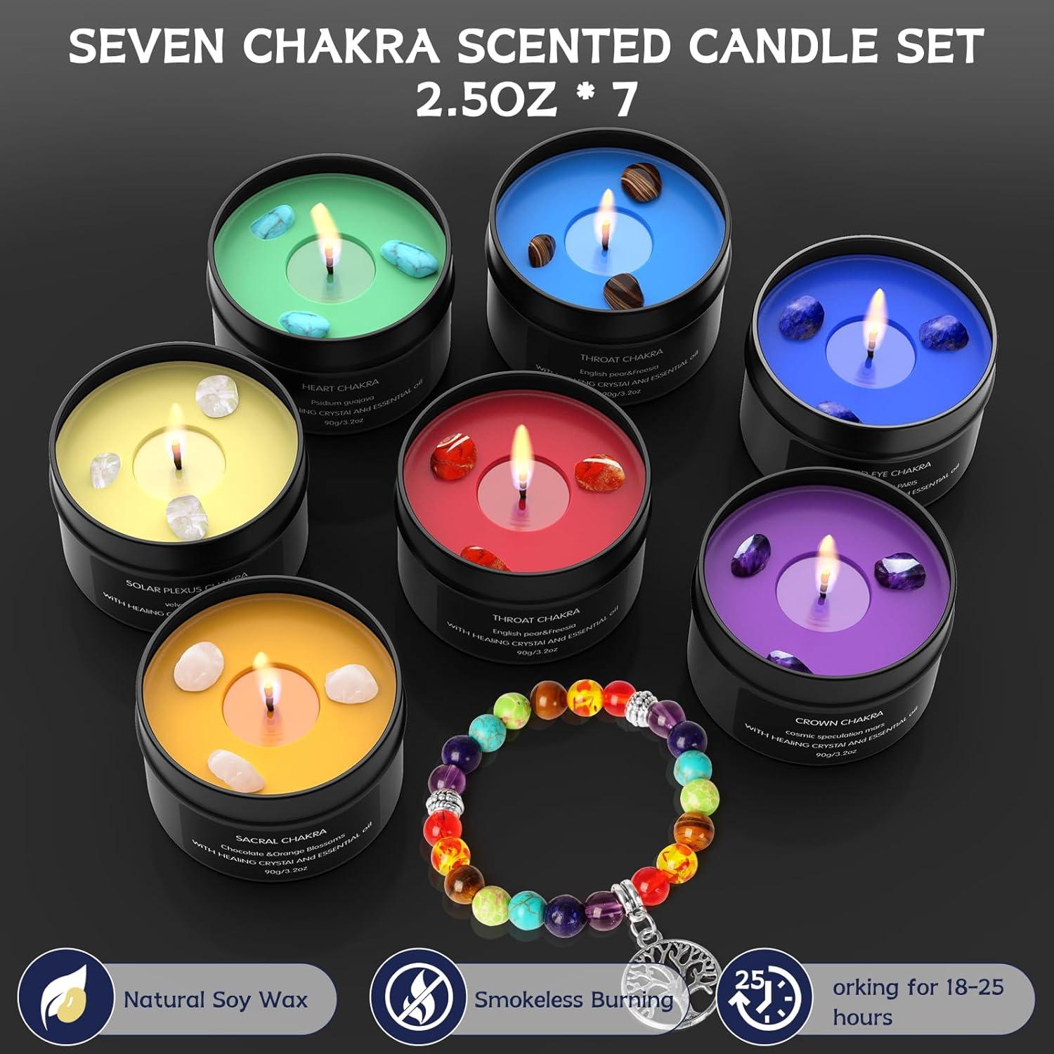 Set de 7 Velas de Chakra WuNa con Cristales y Pulseras