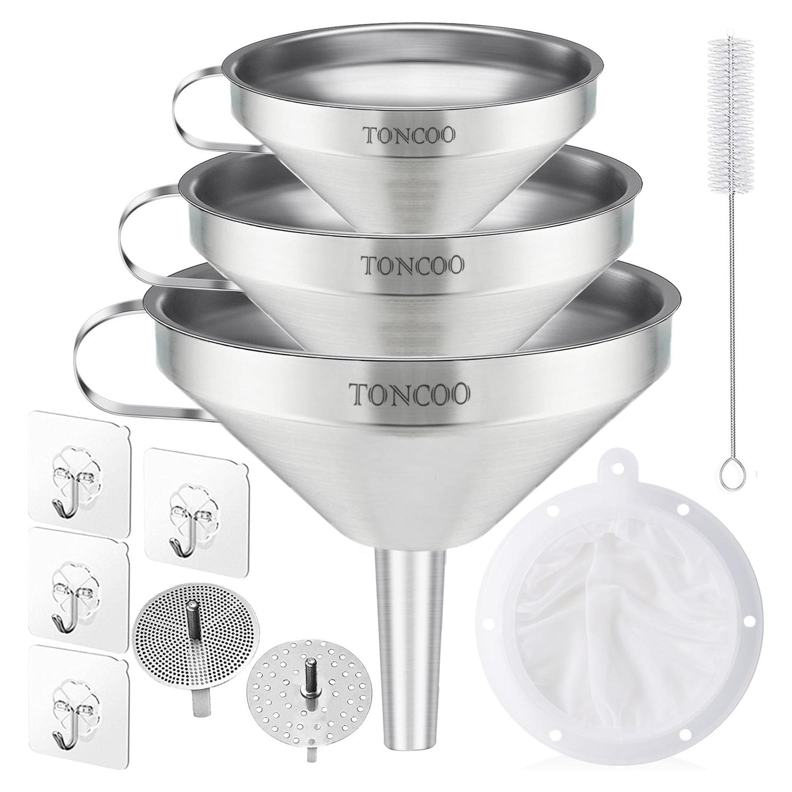 Juego de 3 embudos de acero inoxidable Toncoo con coladores