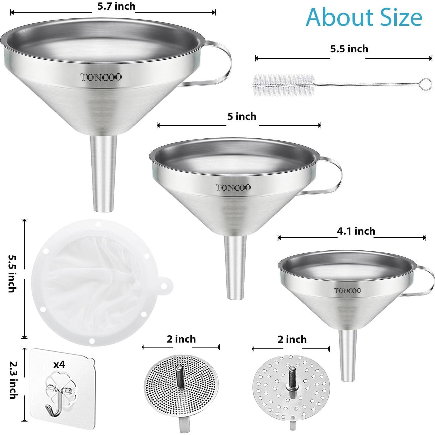 Juego de 3 embudos de acero inoxidable Toncoo con coladores
