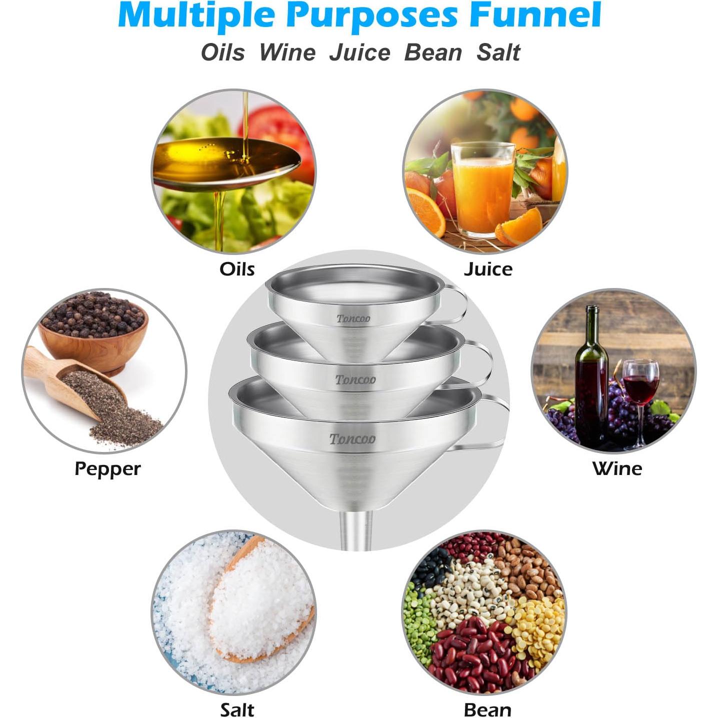 Juego de 3 embudos de acero inoxidable Toncoo con coladores