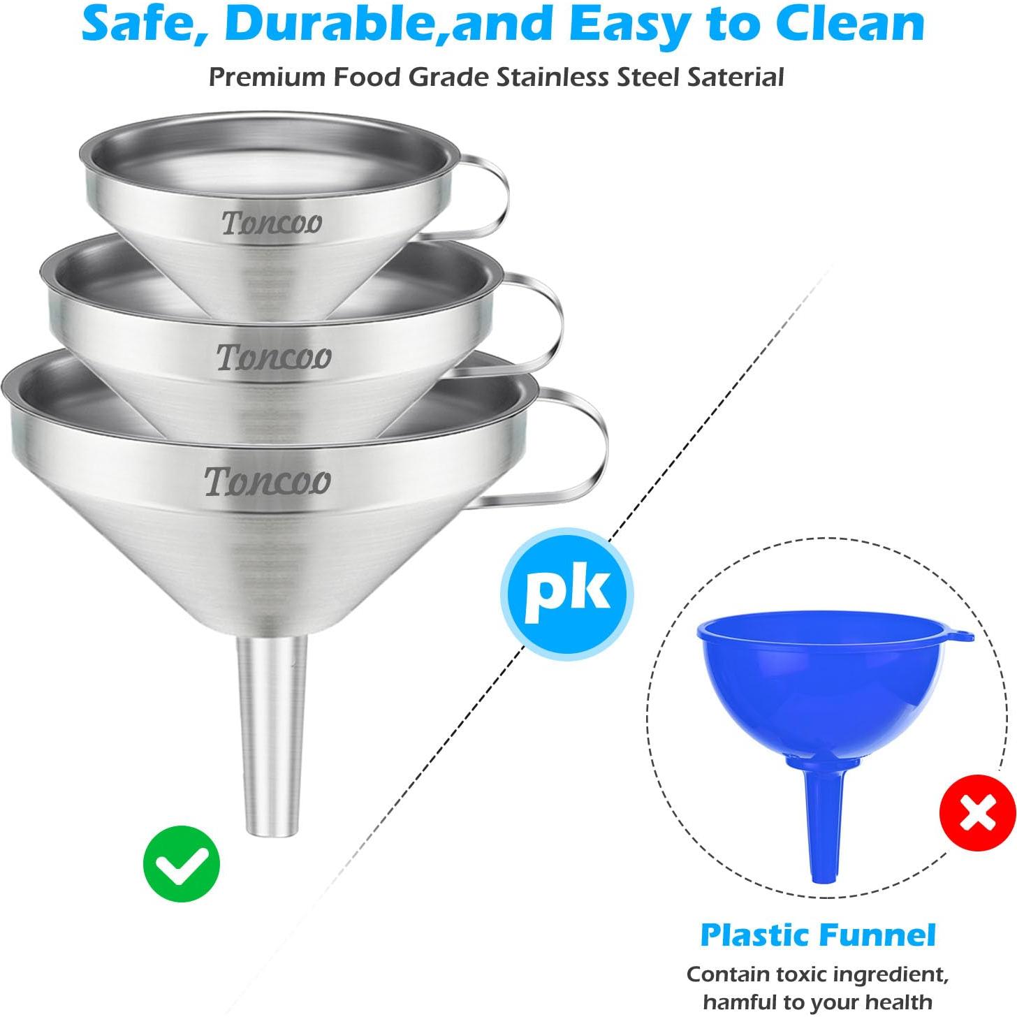 Juego de 3 embudos de acero inoxidable Toncoo con coladores