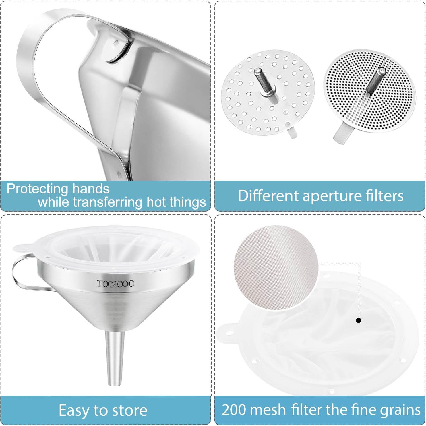 Juego de 3 embudos de acero inoxidable Toncoo con coladores