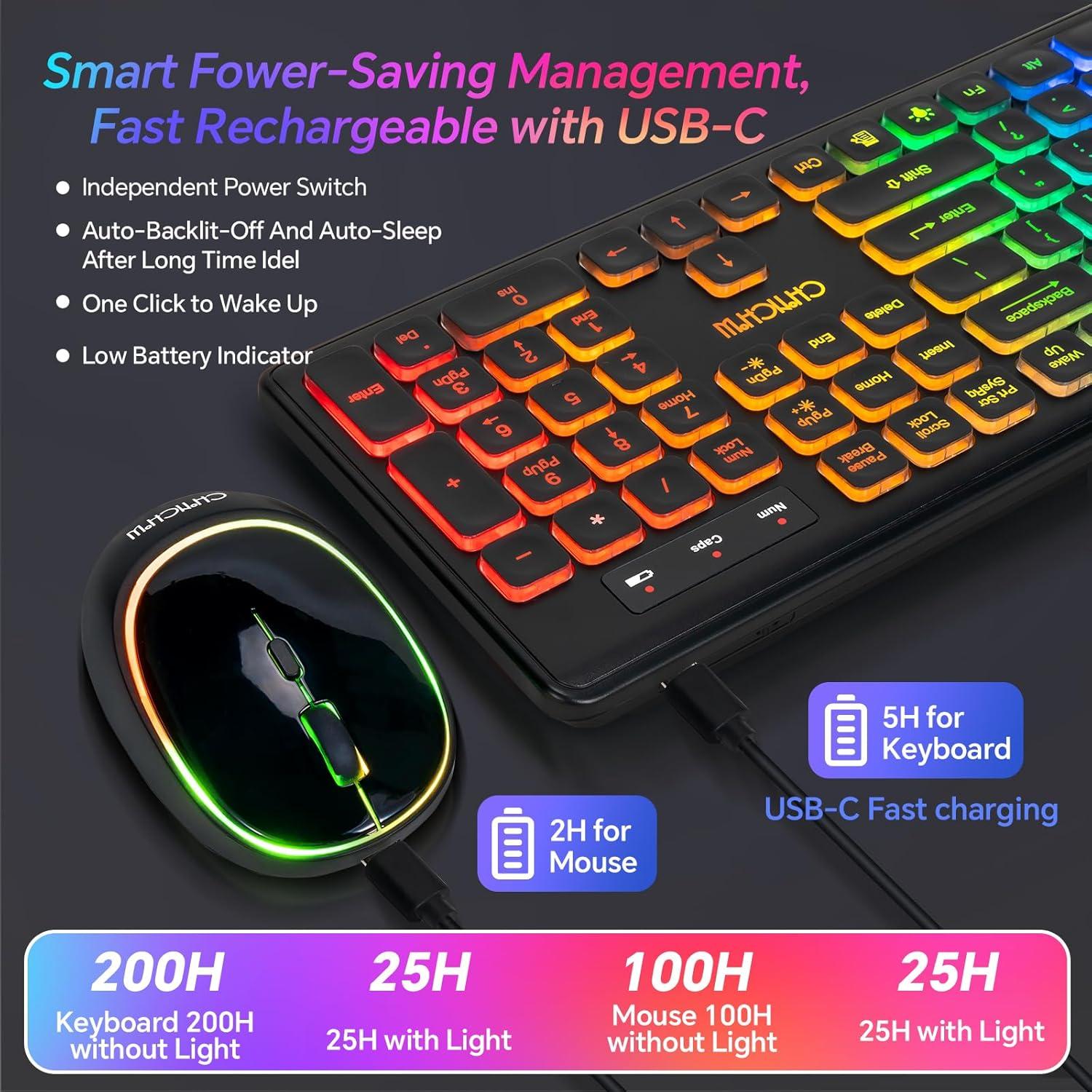 Combo Teclado y Ratón Inalámbrico CHONCHOW Retroiluminado USB-C