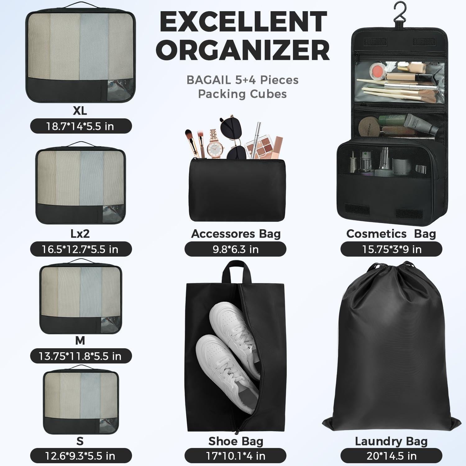 BAGAIL 9 Set Packing Cubes Luggage Packing Organizers for Travel Accessories