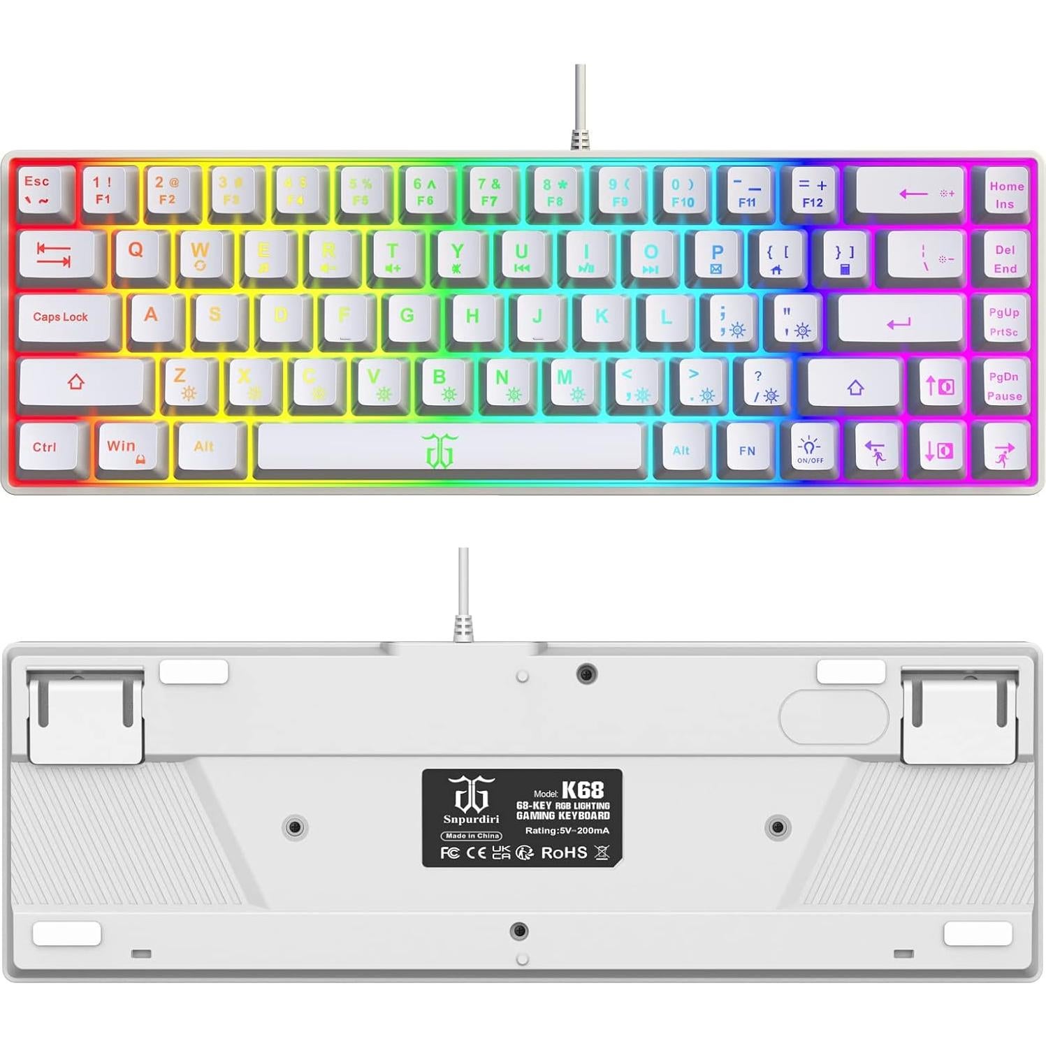 Teclado Gaming Snpurdiri 60% Compacto RGB Ergonómico Blanco