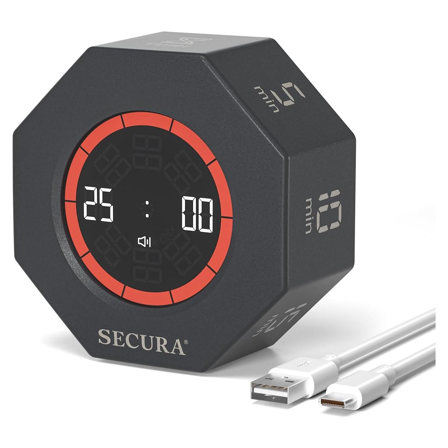 Temporizador Pomodoro Secura PT025-DKGY, 7 Preajustes, Gris