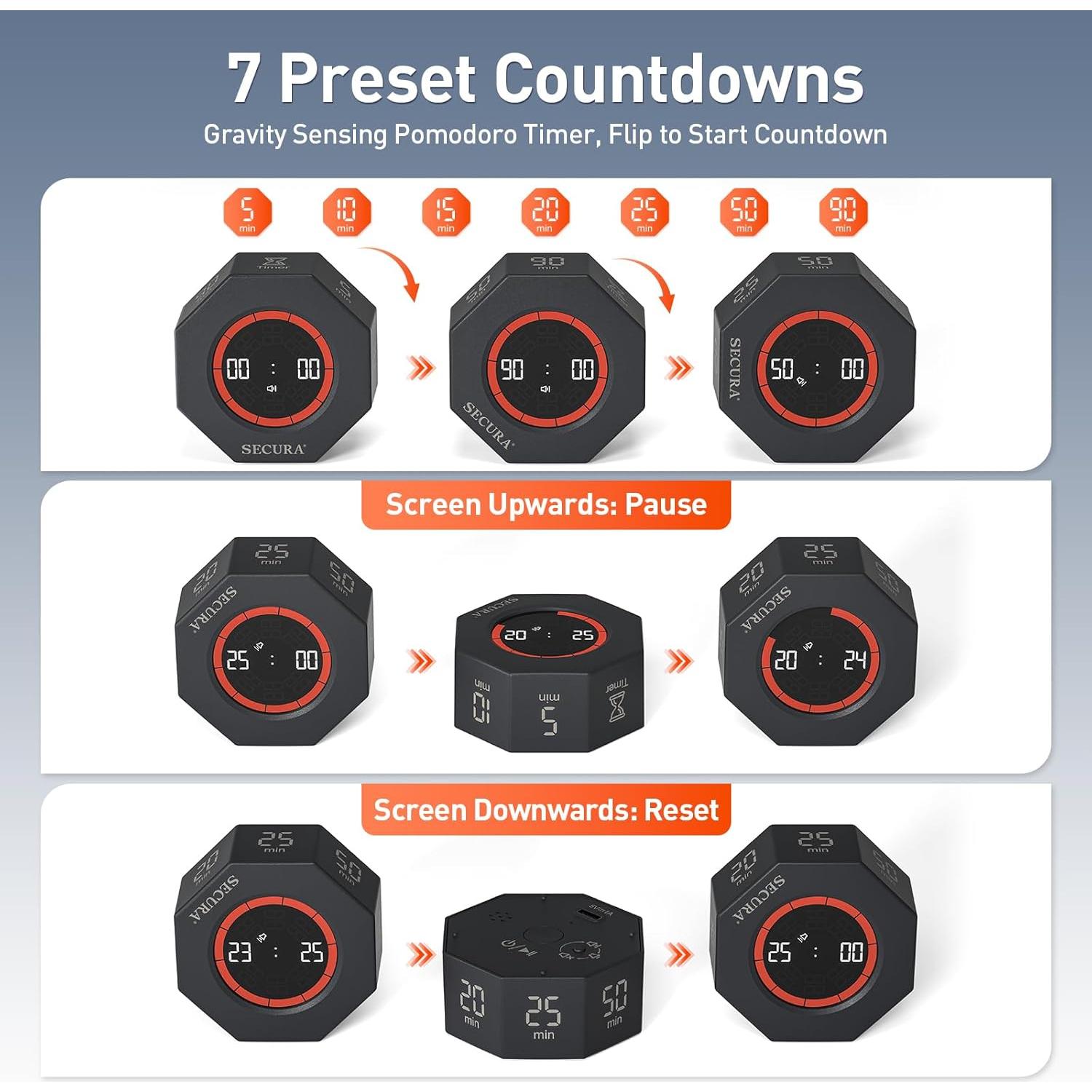 Temporizador Pomodoro Secura PT025-DKGY, 7 Preajustes, Gris