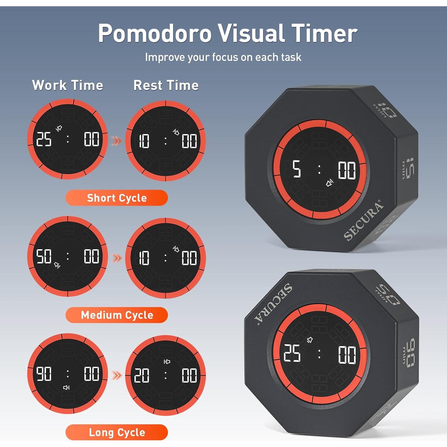 Temporizador Pomodoro Secura PT025-DKGY, 7 Preajustes, Gris