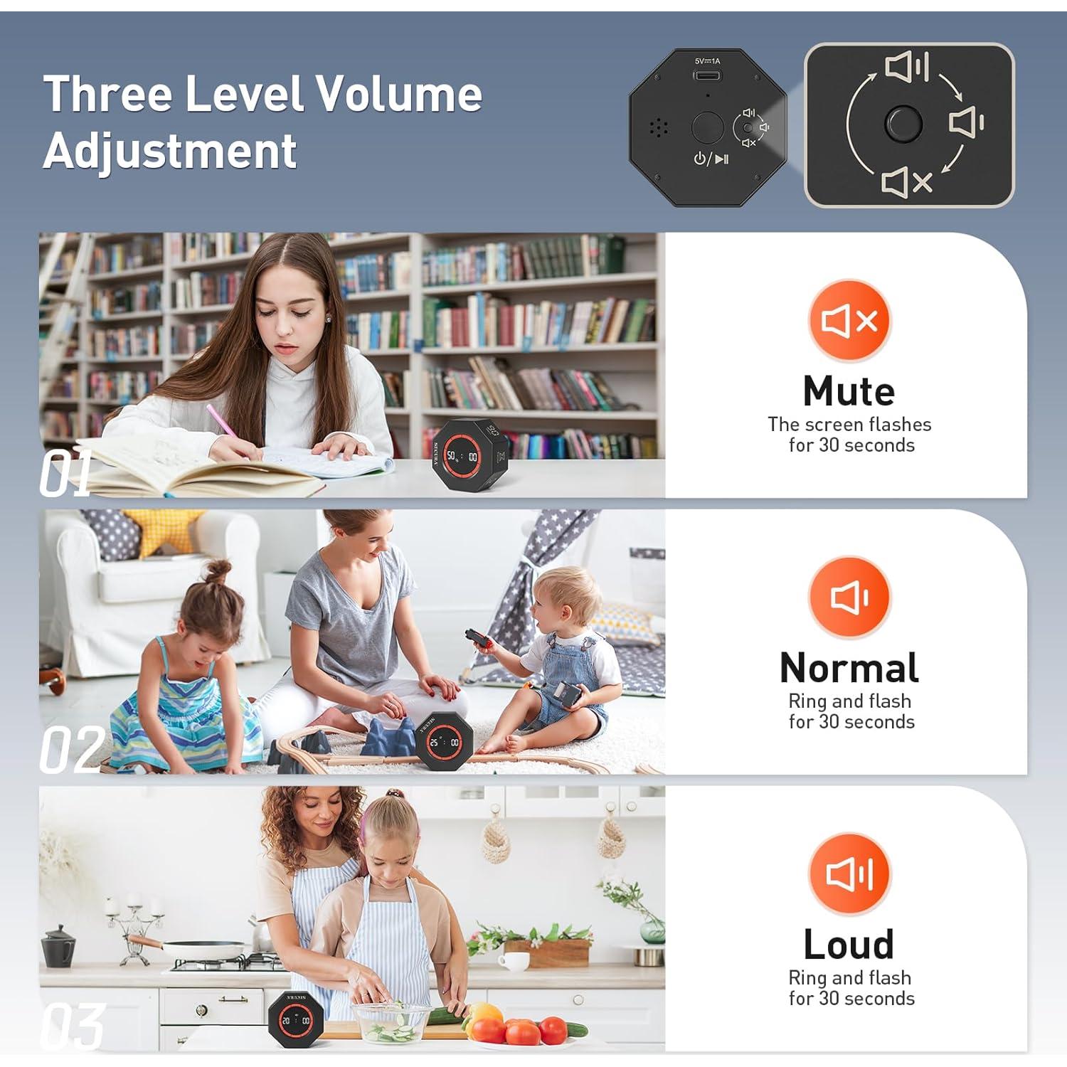 Temporizador Pomodoro Secura PT025-DKGY, 7 Preajustes, Gris