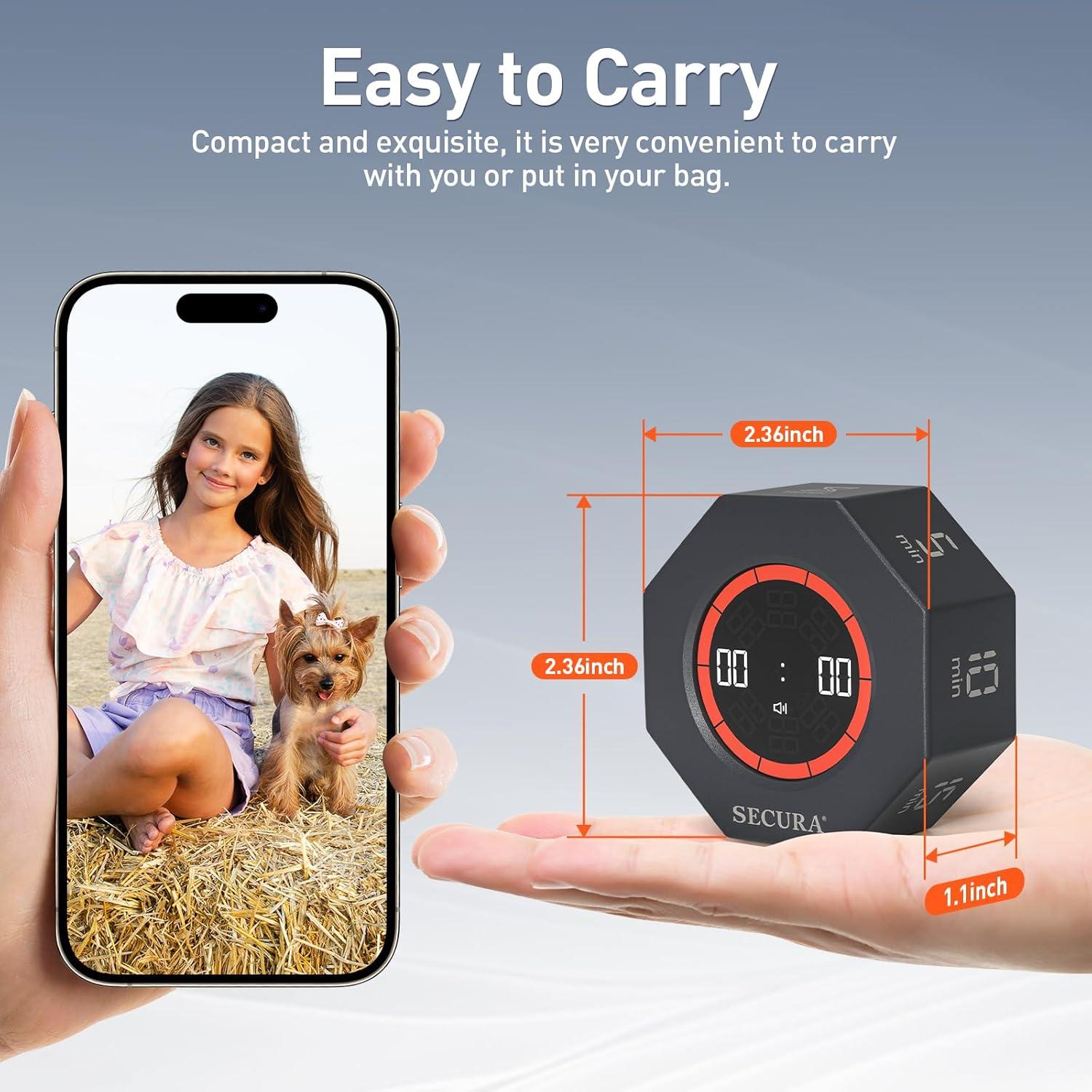 Temporizador Pomodoro Secura PT025-DKGY, 7 Preajustes, Gris