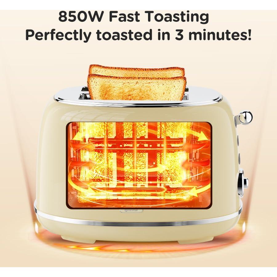 Tostadora Retro Wiltal 2 Rebanadas Beige con Tapa y 6 Niveles