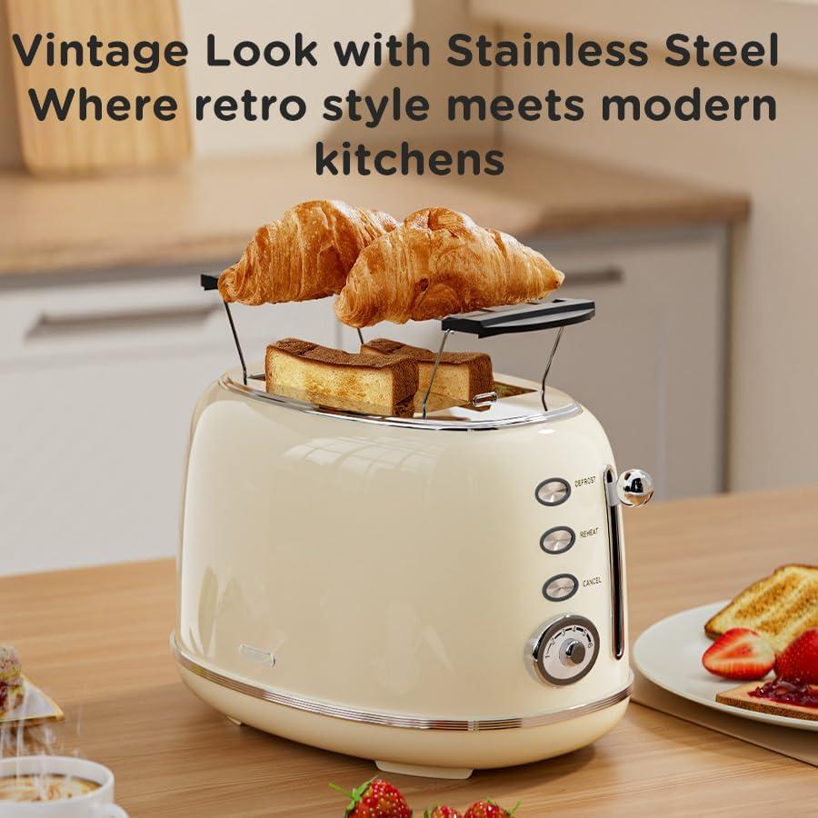Tostadora Retro Wiltal 2 Rebanadas Beige con Tapa y 6 Niveles