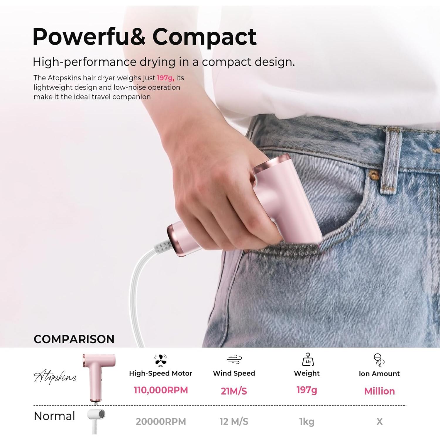 Secador de Pelo Mini Iónico Trylater 110,000 RPM Rosa