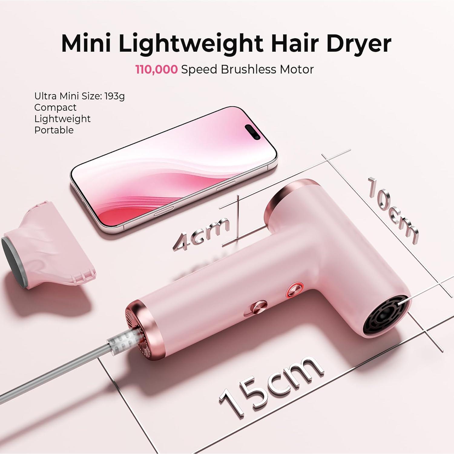 Secador de Pelo Mini Iónico Trylater 110,000 RPM Rosa