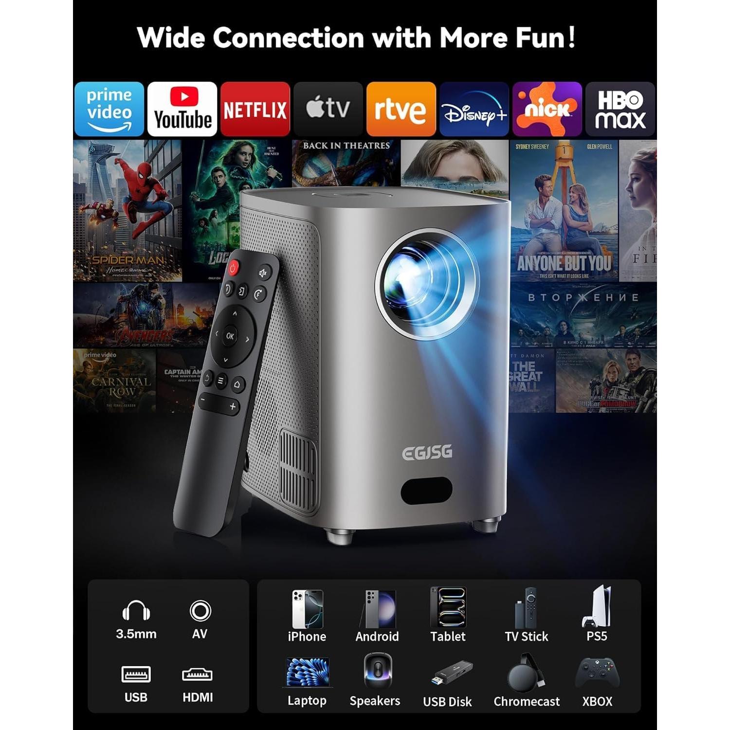 Proyector Full HD 1080P EGJSG con WiFi y Bluetooth - Portátil