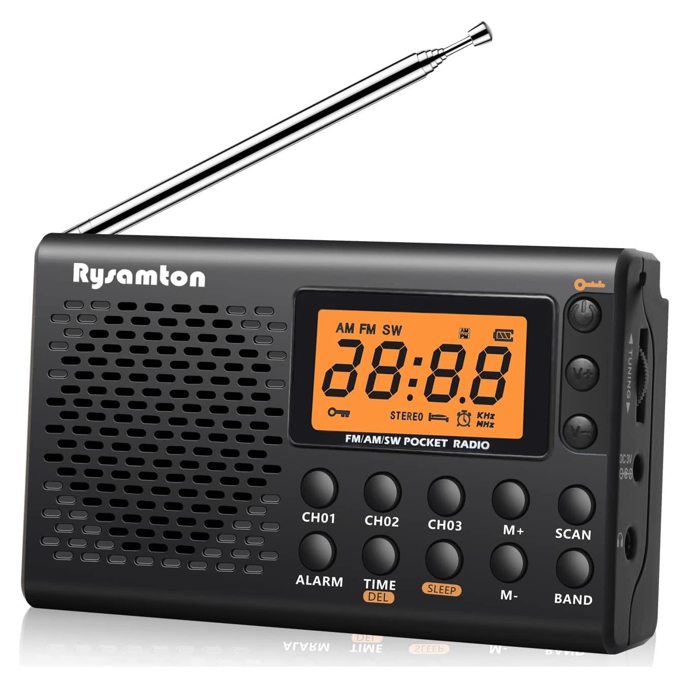 Radio portátil AM/FM/SW Rysamton YK-M03, despertador, pantalla digital