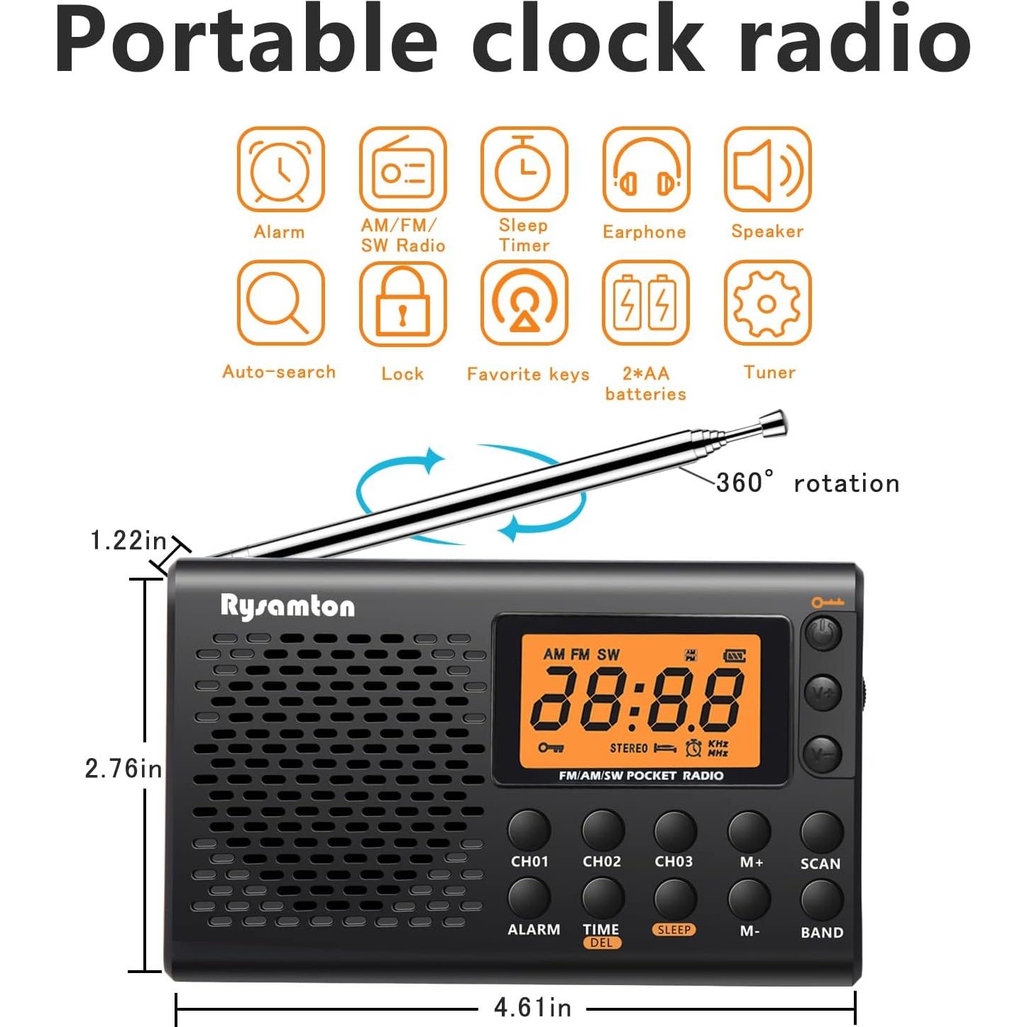 Radio portátil AM/FM/SW Rysamton YK-M03, despertador, pantalla digital