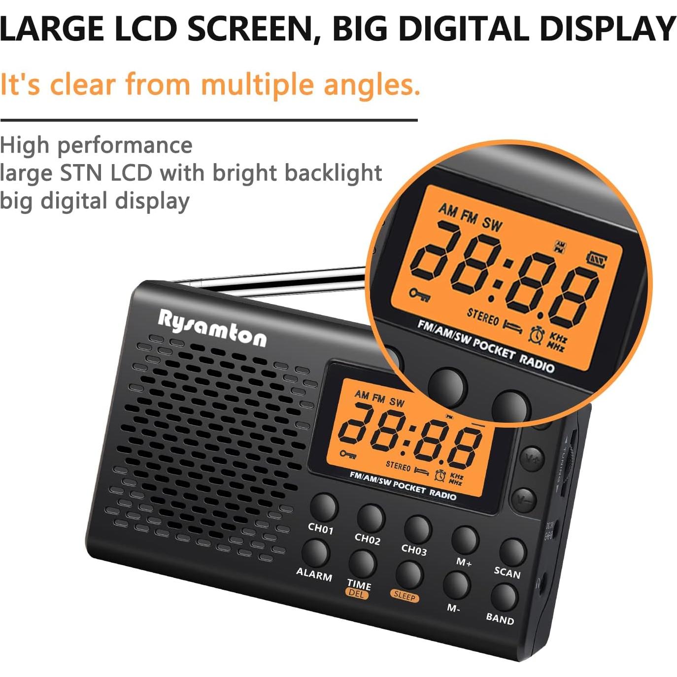 Radio portátil AM/FM/SW Rysamton YK-M03, despertador, pantalla digital