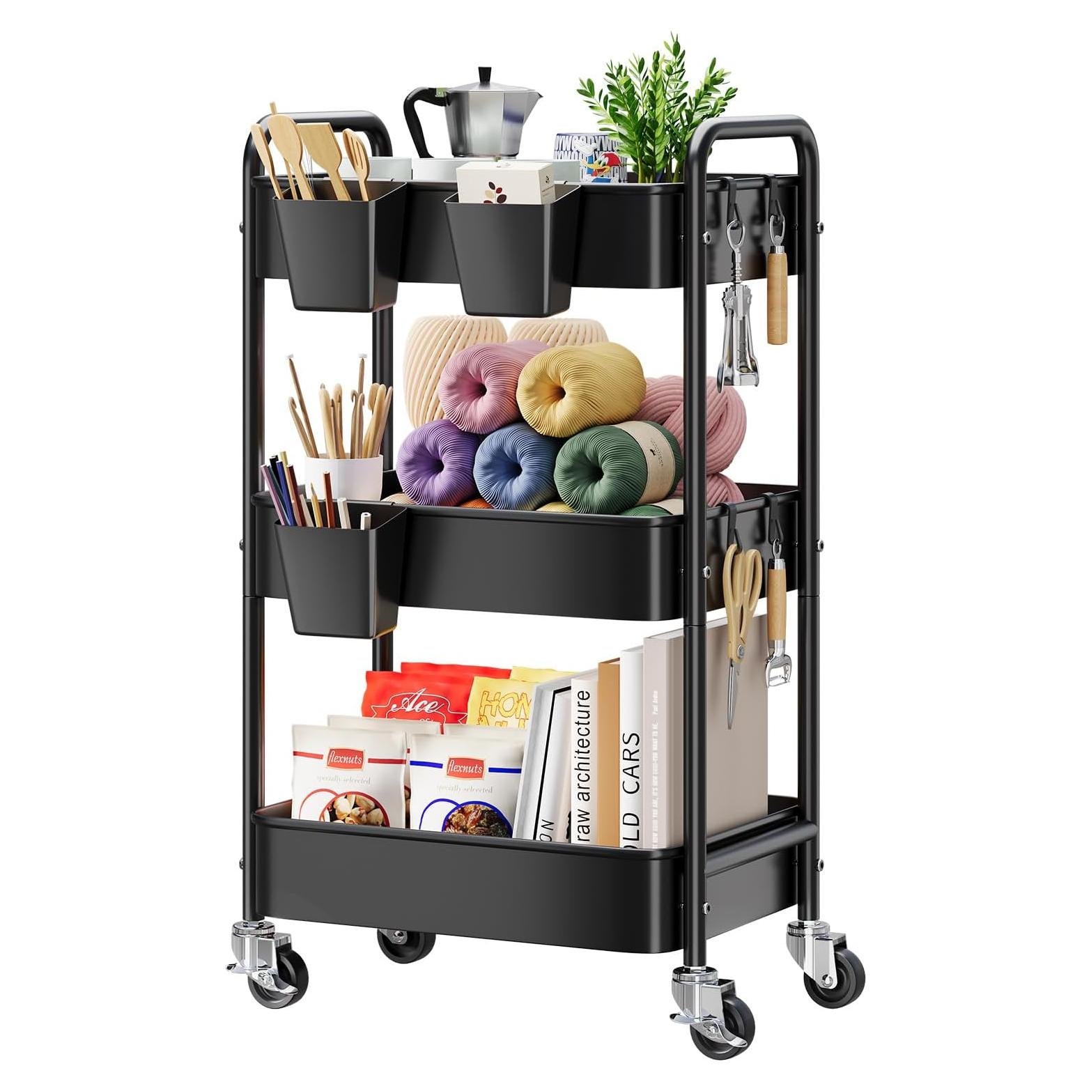 Carro Rodante de 3 Niveles Aofure Negro con Ruedas y Ganchos