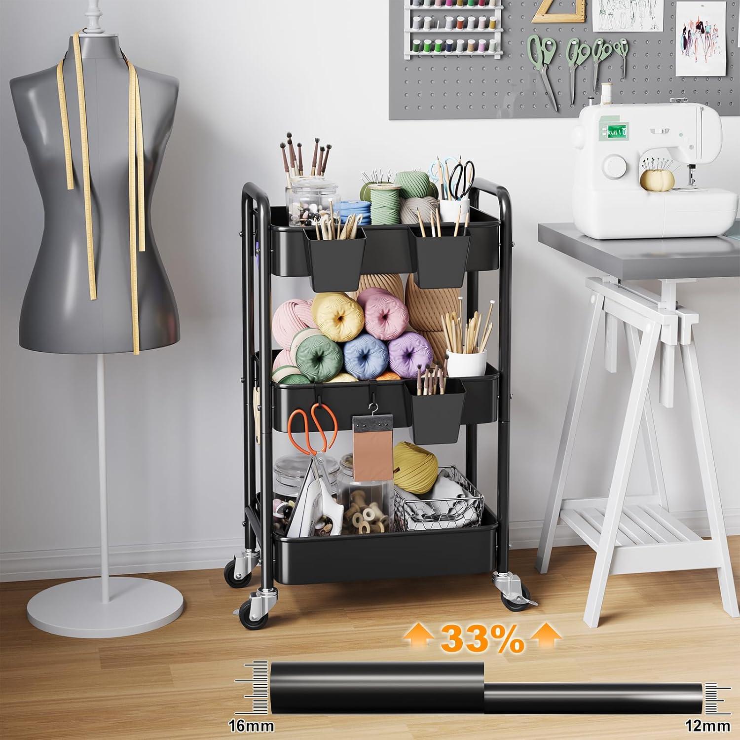 Carro Rodante de 3 Niveles Aofure Negro con Ruedas y Ganchos