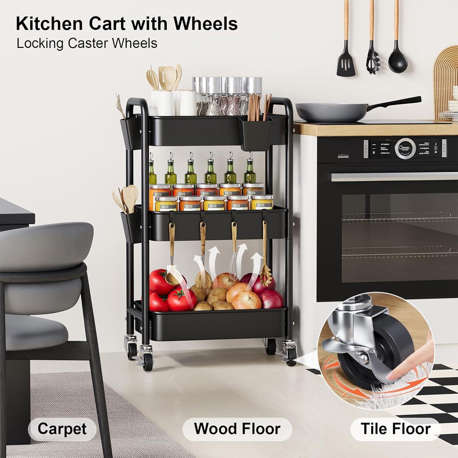 Carro Rodante de 3 Niveles Aofure Negro con Ruedas y Ganchos