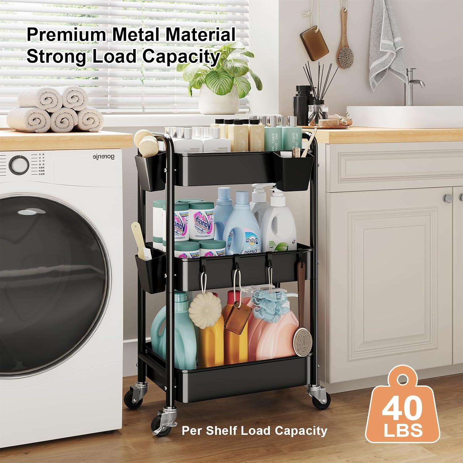 Carro Rodante de 3 Niveles Aofure Negro con Ruedas y Ganchos