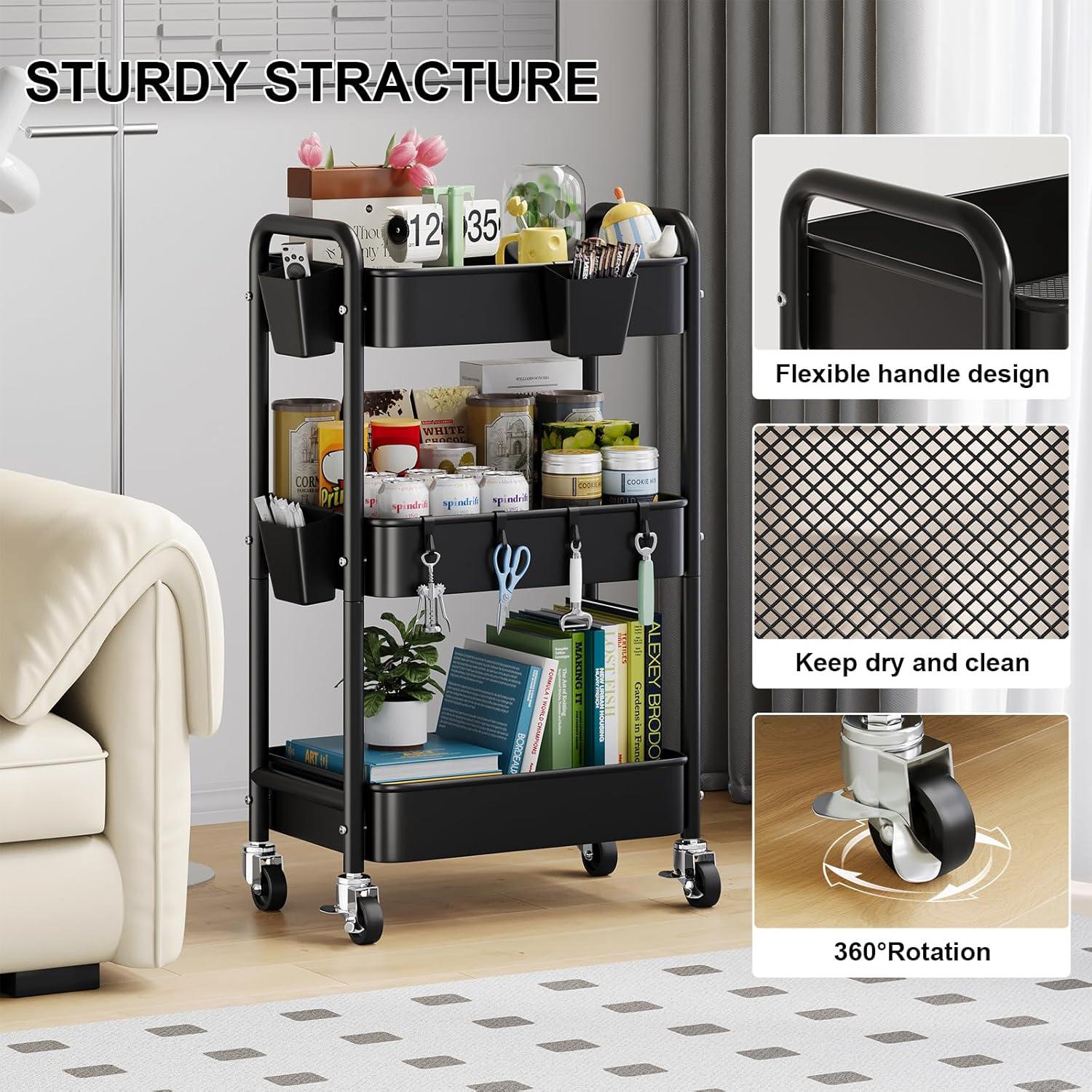 Carro Rodante de 3 Niveles Aofure Negro con Ruedas y Ganchos