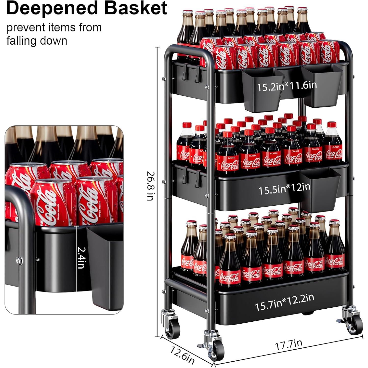 Carro Rodante de 3 Niveles Aofure Negro con Ruedas y Ganchos