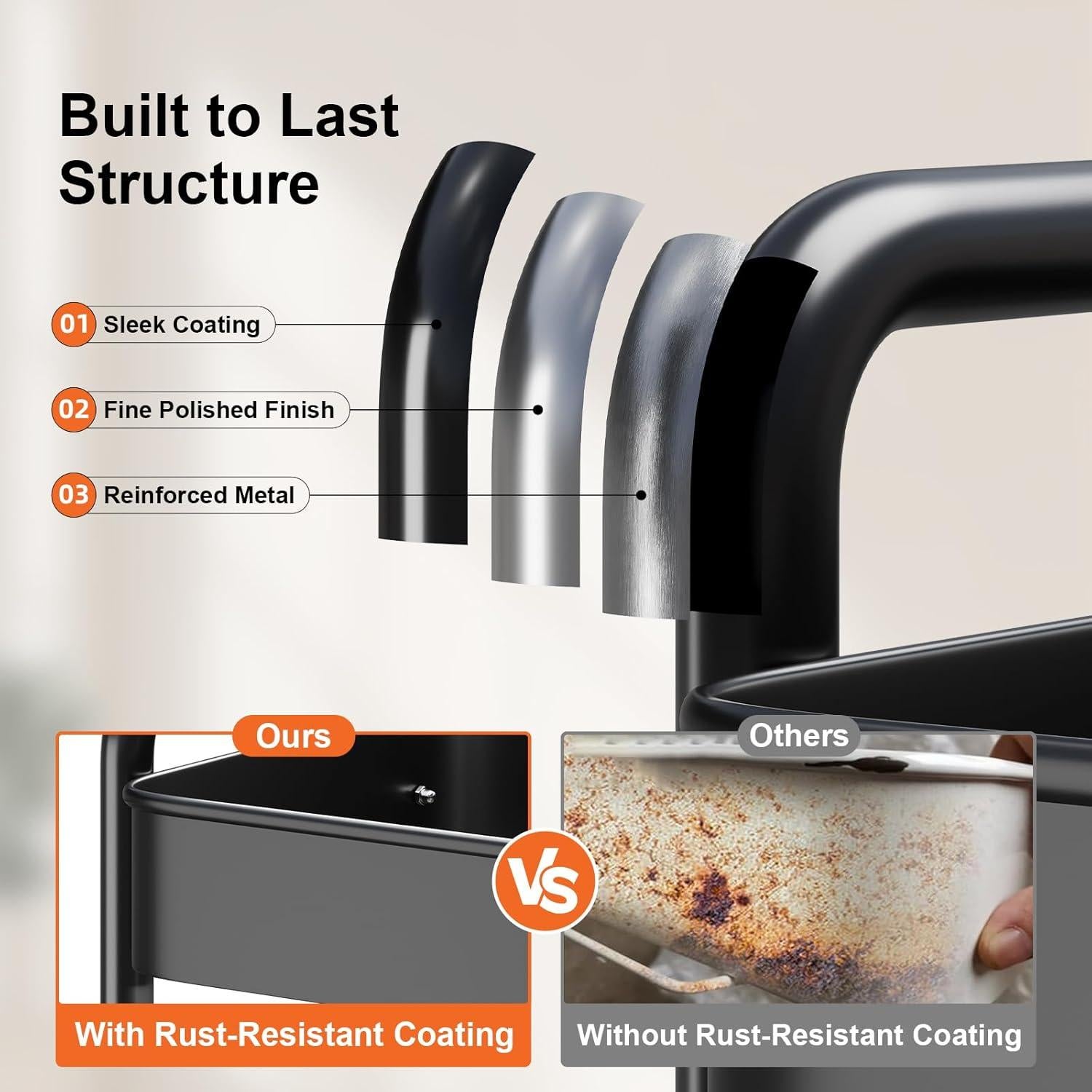 Carro Rodante de 3 Niveles Aofure Negro con Ruedas y Ganchos