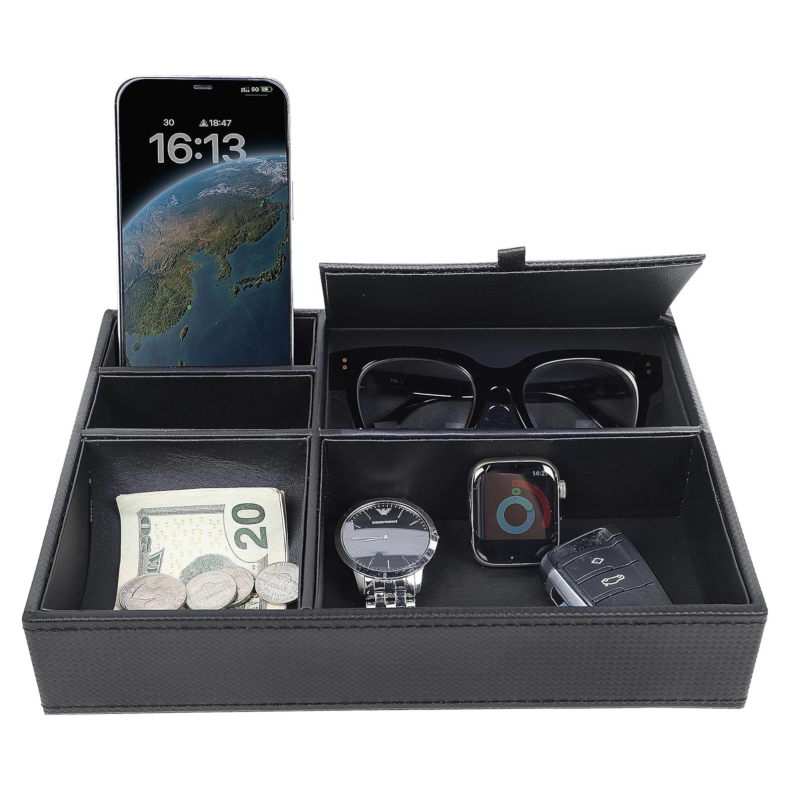 Bandeja de Valet Zcaukya de Cuero Sintético Negro con 5 Compartimentos