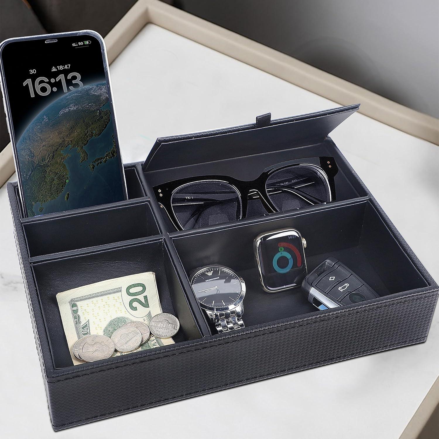 Bandeja de Valet Zcaukya de Cuero Sintético Negro con 5 Compartimentos