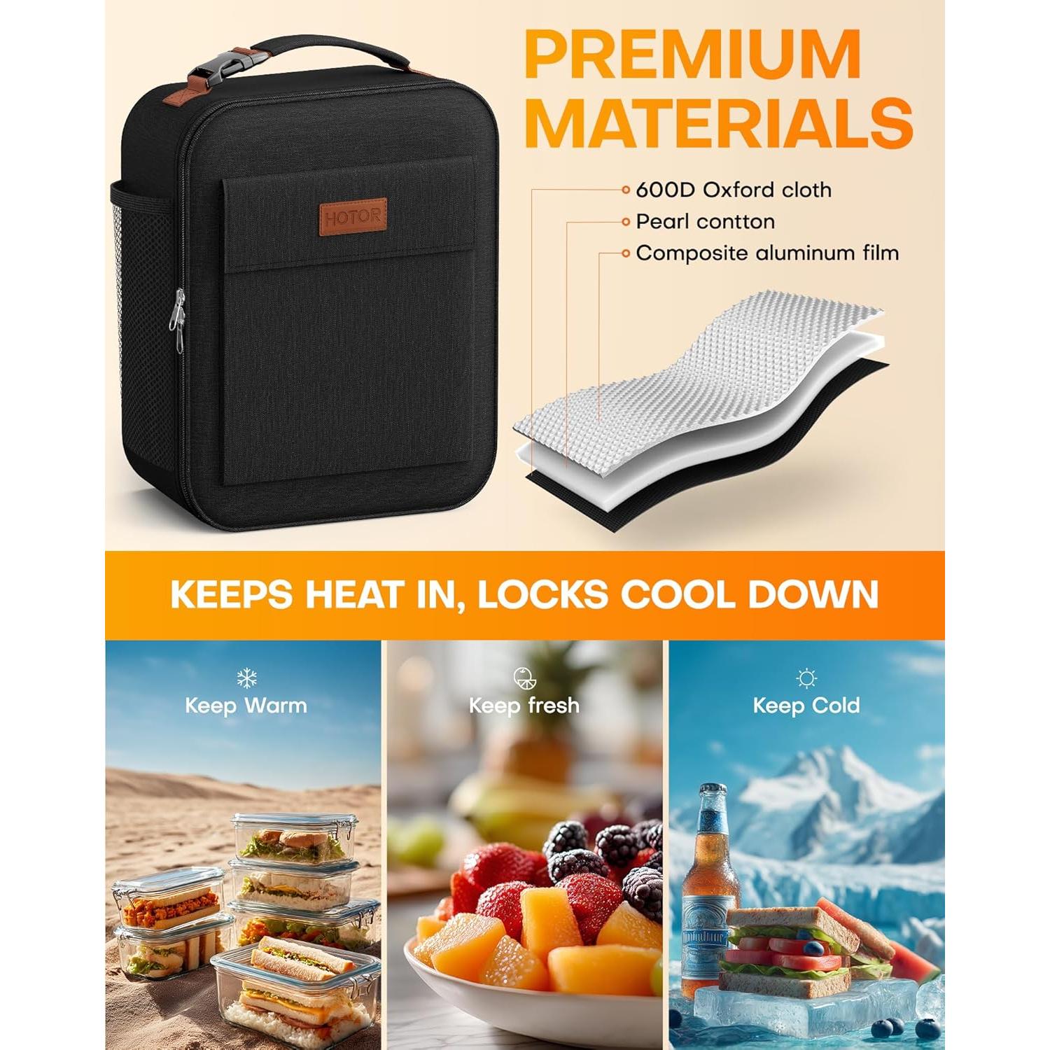 Bolsa de Almuerzo Aislada HOTOR Negra 7L 23x11x27cm