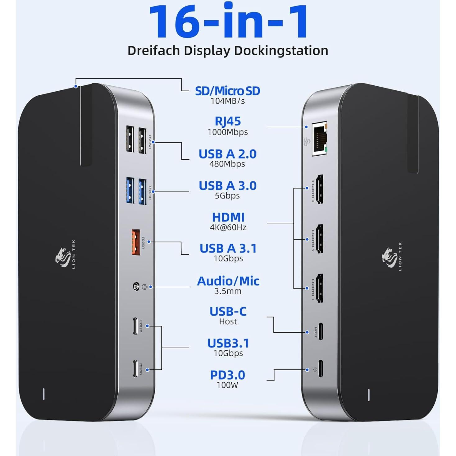 Estación de Acoplamiento USB C 16 en 1 LIONWEI con 3 HDMI 4K