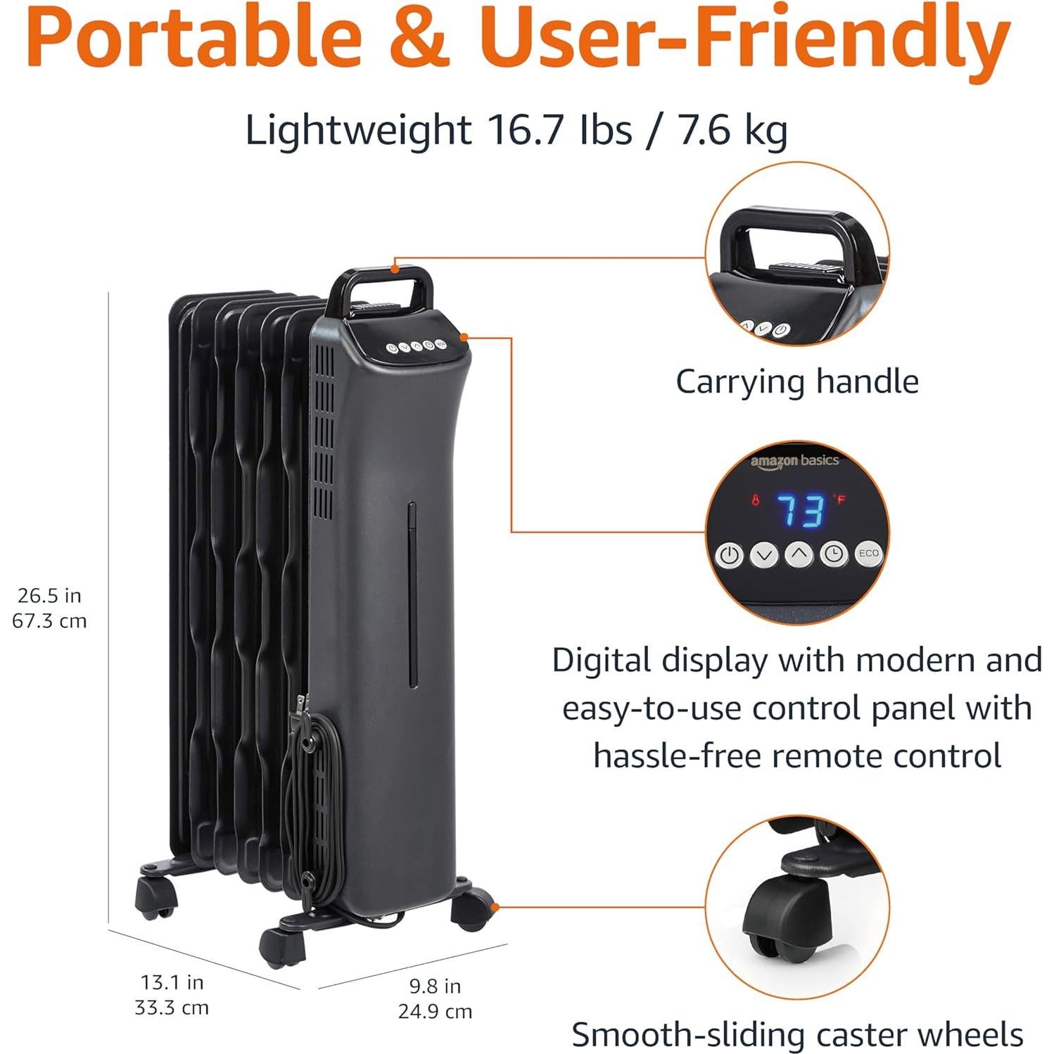 Calefactor Radiante Portátil Amazon Basics 1500W con Control Remoto