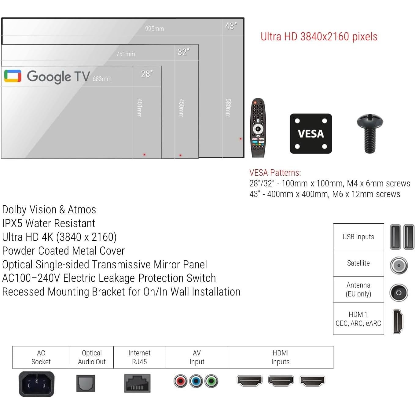 Espejo Inteligente 71.12 cm Elecsung 4K UHD Impermeable
