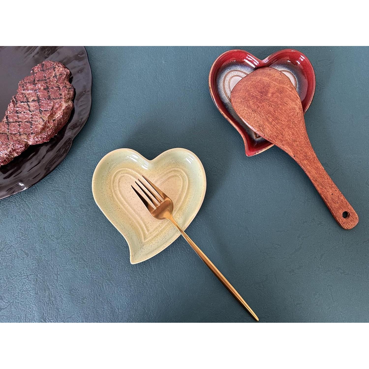 Soporte de Cuchara de Cerámica Corazón Rhobtyne Beige Verde